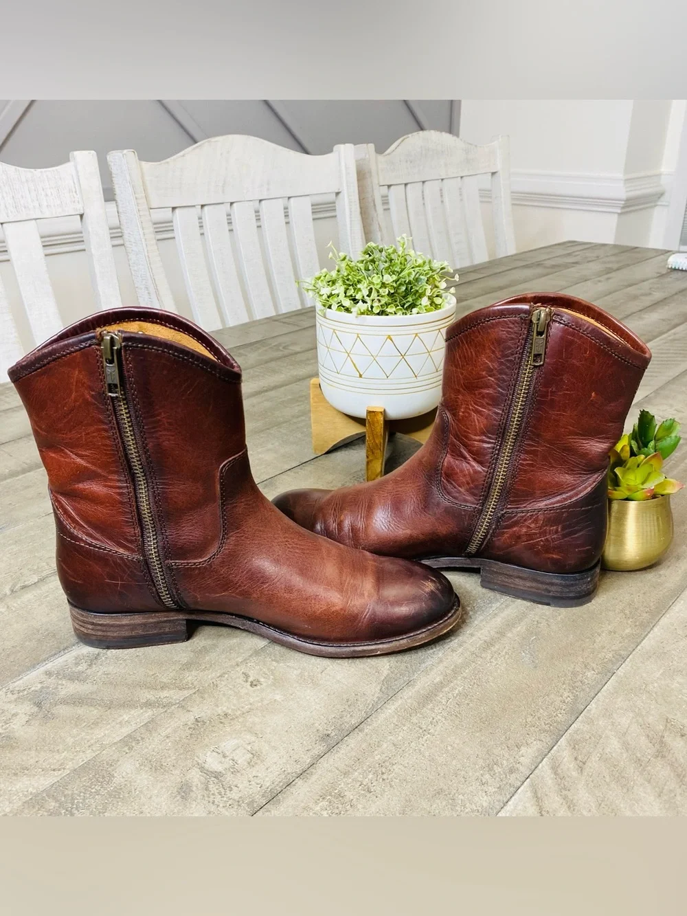 FRYE Melissa Button Short Leather Boots Cognac Brown Ankle Booties Sz 5.5 B